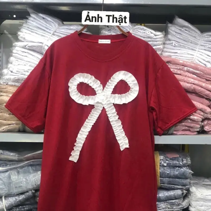 ( kèm ảnh thật) Sét quần ống rộng dây to + kèm áo phông nơ rúm đỏ phom rộng phong cách Hàn Quốc cho nữ - Top 2