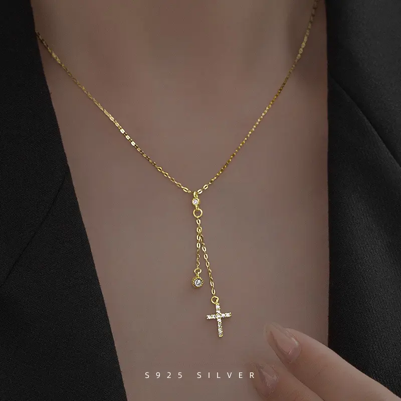S925 Silver Europe And The United States Fashion Cross Tassel Necklace Female Personality Niche Light Luxury Collarbone Chain Cold Style
