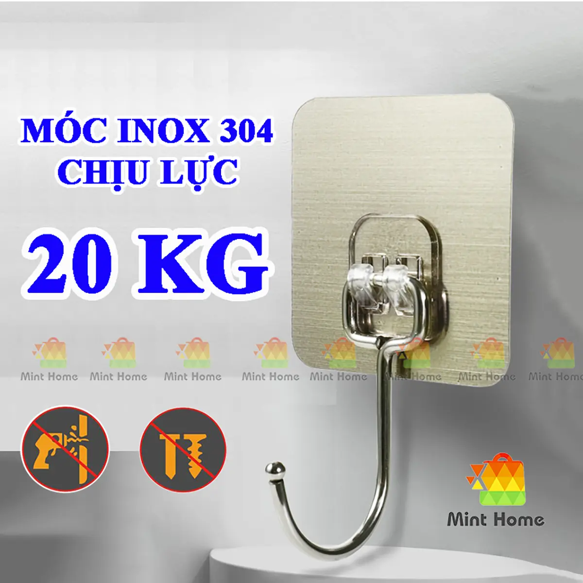 Móc dán tường inox 304 không gỉ siêu dính chịu lực 20 kg loại cực tốt, miếng treo dùng thay thế móc giá kệ bếp, nhà tắm mocdantuong inox