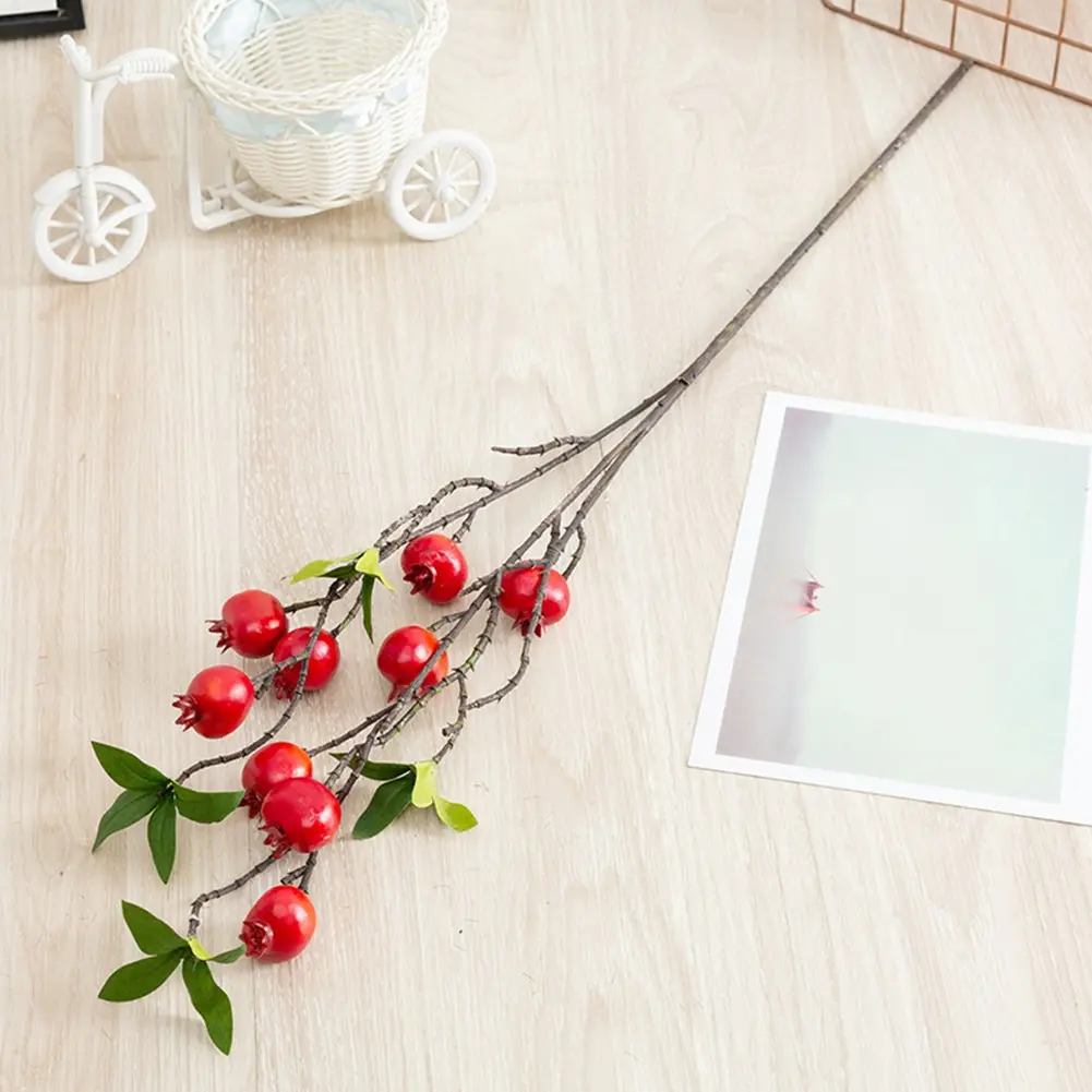 Cành Lựu 9 Đầu Có Lá, Hoa Nhân Tạo Màu Đỏ, Trang Trí Vườn Nhà