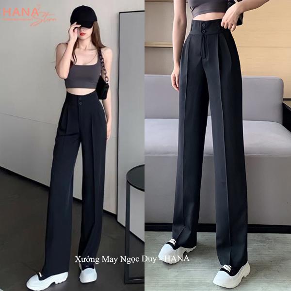Quần ống rộng nữ lưng cao 2 khuy mới dài 100cm cạp 7cm cao dáng quần ống suông đi học công sở biển cá tính vải đen mềm