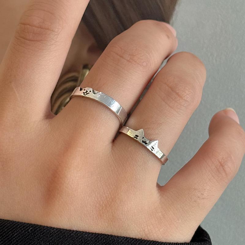 Product Introduction of 2Pcs Cartoon Cat Dog Couple Opening Ring Lovely Adjustable Women Men New Fashion Statement Lover Rings Dating Party Jewelry Gifts 19
