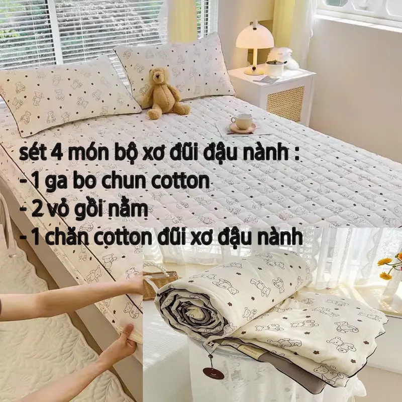 Set 4 món cotton sơ đũi đậu nành 1 ga bo chun , 2 vỏ gối đầu và 1 chăn 0