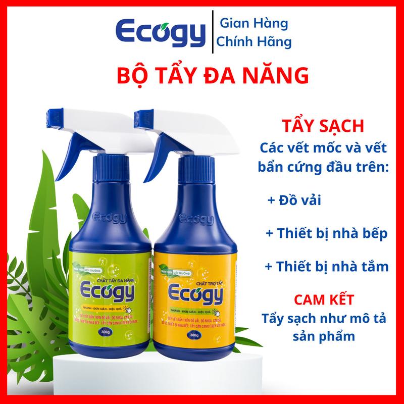 Bộ tẩy đa năng Ecogy 600g 2 chai Hỗ trợ làm sạch vết mốc thâm kim két mồ hôi vết bẩn từ đồ ăn không có màu dính trên quần áo; Hỗ trợ làm sạch mốc trên cao su nhựa sứ gạch men inox. Dạng nước có vòi xịt.