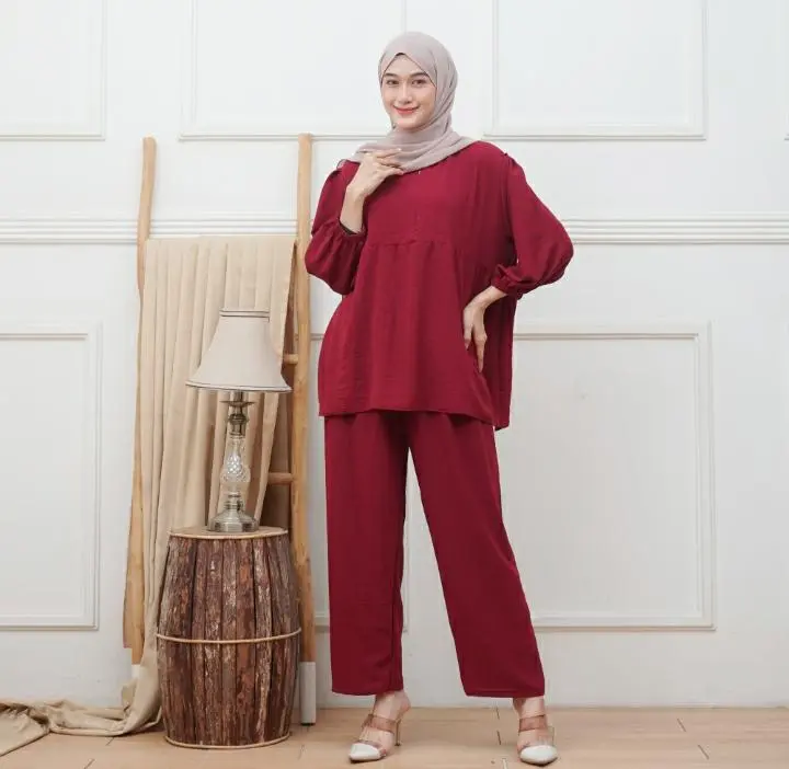 setelan fida one set cringkle airflow Muslim Wanita Crinkle Baju Atasan Celana Dewasa Panjang Remaja Kulot Casual Oversize 4