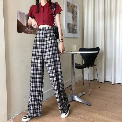 Celana Tartan Wanita Panjang Kulot Kotak-Kotak Casual Kancing Depan 1099 4