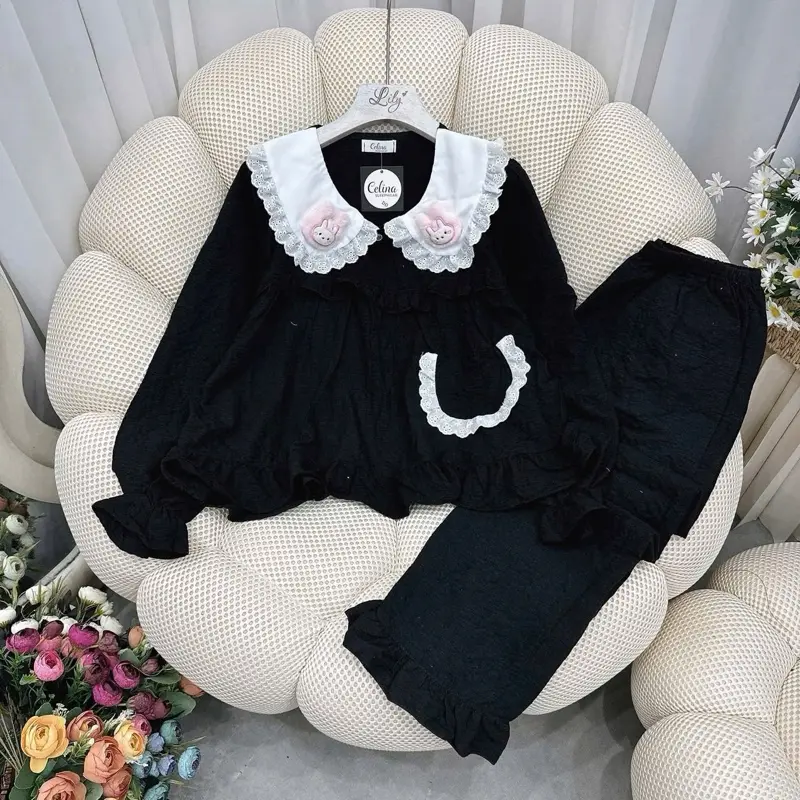 Đồ bộ pijama tay dài tiểu thư Có hoa(45-60kg) vải đũi kèm gấu 0