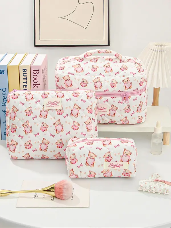 Cute Bear Pattern Makeup Bag Set, Large Travel Makeup Bag, Cosmetic Bag, Toiletry Bag for Women & Girls 0