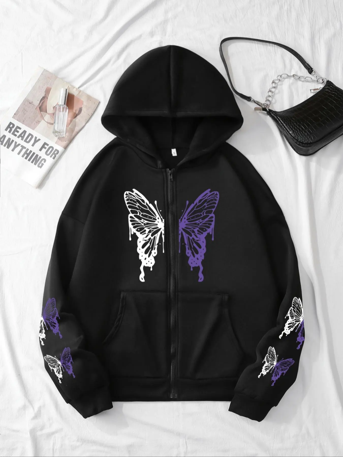 Women's Butterfly Print Drop Shoulder Zip Up Hoodie, Fashion Casual Pocket Hooded Sweatshirt for Daily  Wear, Ladies Clothes for Fall & Winter
