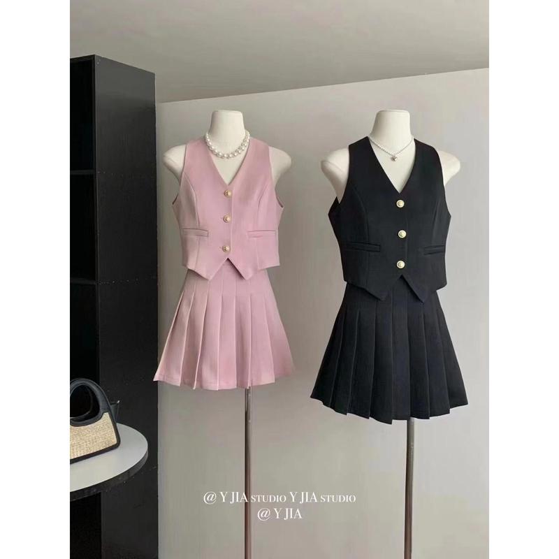 Áo Vest Phong Cách Pháp, Phong Cách Cổ Điển Thanh Lịch, Cạp Cao, Váy Xếp Ly Chữ A Ngắn, Bộ Hai Mảnh, Thời Trang Nữ Mùa Hè, Năm 2025 1