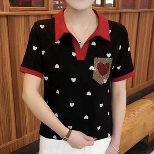 Internet Celebrity 100KG Fat Girl Can Wear Fashion Love Print Short Sleeve Women Polka Dots Polo Shirt Oversized Age Reduction Lapel Shirts Ladies Casual Stand Collar T-shirt