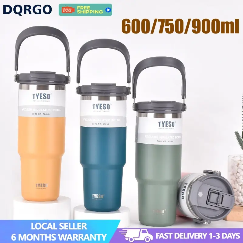 TYESO Thermal Tumbler Flask Water Bottle Car Cup With Handle Tumbler Cup with Straw Vacuum Insulated Bottle 304 Stainless Steel Coffee Cup 600/750/900ML Drinkware Drink Heavy Duty Insulation