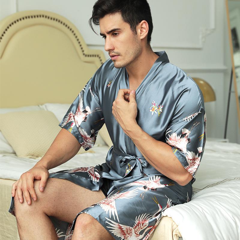 Product Introduction of Black Chinese Men Silk Rayon Robe Summer Casual Wedding Best Man Sleepwear V-Neck Kimono Yukata Bath Gown Plus Size XXXL Fashion Menswear Satin Loungewear 29