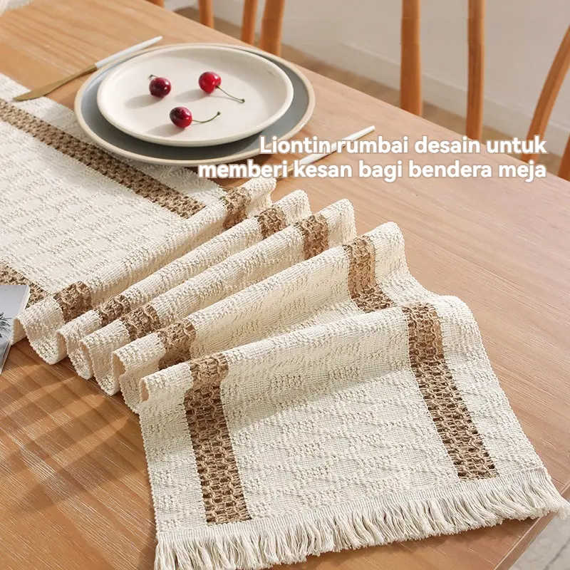 Table Runner Taplak Meja Panjang Bahan Premium Rajut Bendera Meja Katun Linen Taplak Meja Panjang Rumbai Senada Warna Premium Rajut Style 7