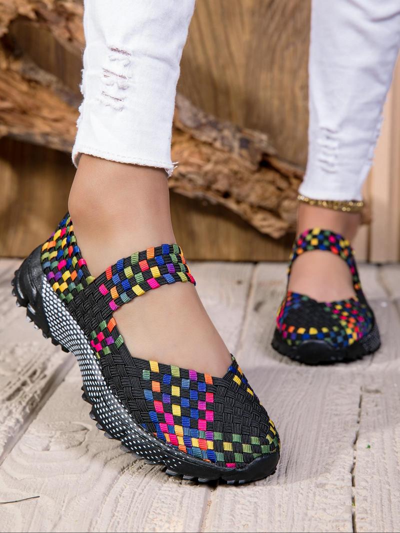 Product Introduction of Women's Boho Style Colorful Plaid Pattern Slip on Sandals, Casual Comfortable Flat Sandals for Summer, Female All-match Round Toe Shoes for Daily Wear, Girl 1