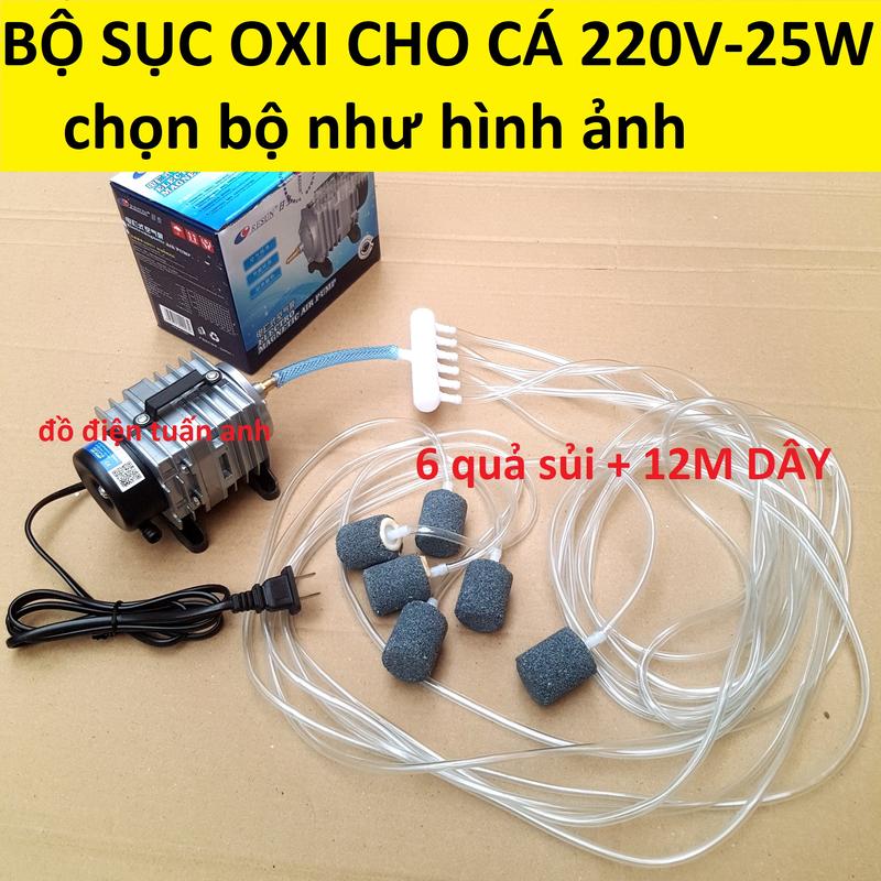 máy sục sủi thổi khí oxy bể cá 25w loại xịn + 6 quả sủi + 12m dây, máy bơm oxi cho cá, máy sục oxy cho cá