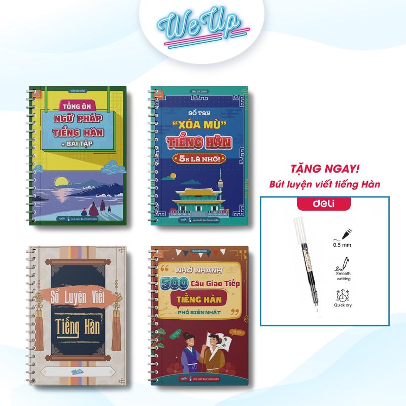 Combo 4 cuốn: Sổ tay xóa mù Tiếng Hàn, Sổ tay ngữ pháp và bài tập và Sổ tay 500 câu giao tiếp mỗi ngày, Sổ luyện viết Tiếng Hàn
