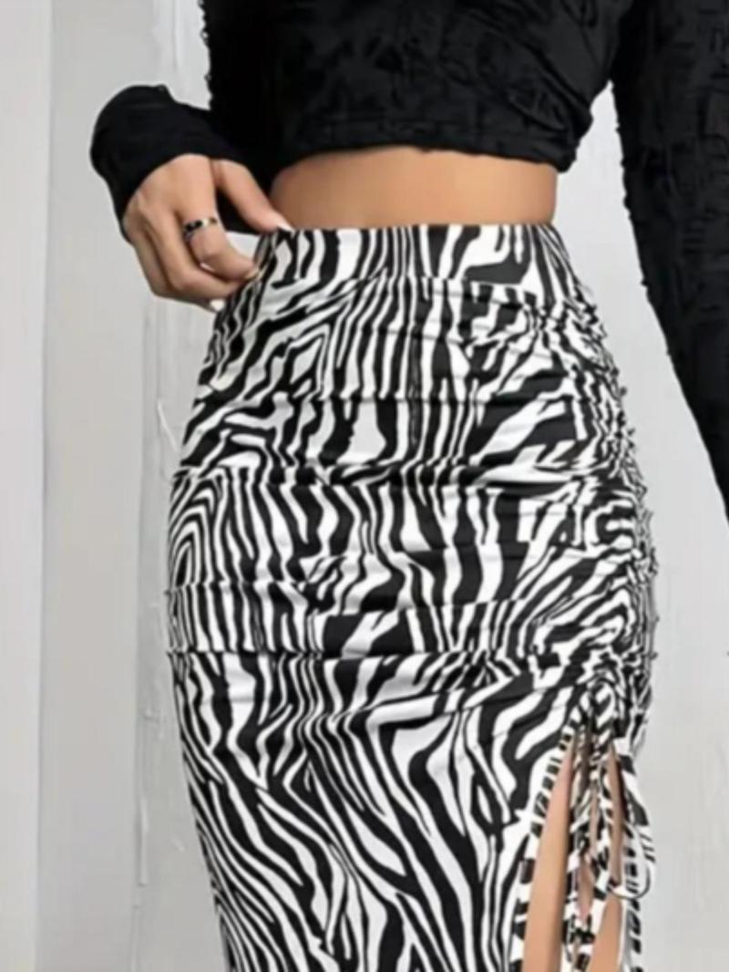 Product Introduction of Women's Zebra Stripe Print Ruched Drawstring Skirt, Fashion Casual Midi Skirt for Daily Outdoor Wear, Ladies Bottoms for All Seasons 6
