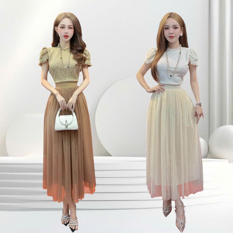 Set váy áo S5734 thiết kế CRAZYTEEN dành cho nữ gồm áo kiểu tay ngắn đan len và chân váy dáng suông xòe nhẹ để đi chơi ( Áo tay ngắn/ Chân váy suông )