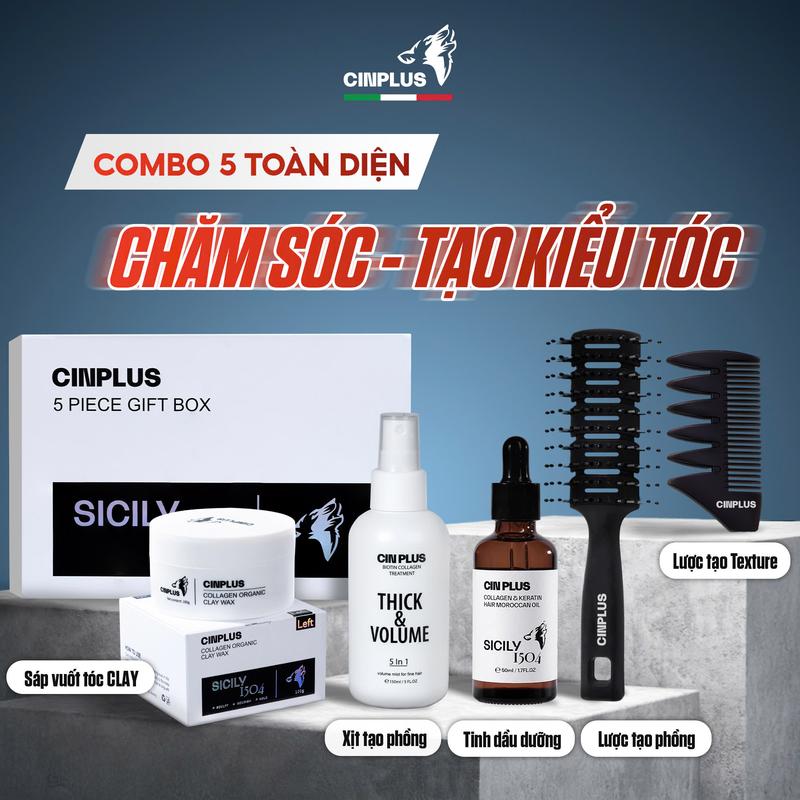 [COMBO 5 TOÀN DIỆN] Sáp vuốt tóc SICILY + Xịt tạo phồng + Tinh dầu dưỡng + Lược tạo Texture + Lược tạo phồng Chăm sóc Tạo kiểu tóc toàn diện CINPLUS - Phiên bản giới hạn 2025