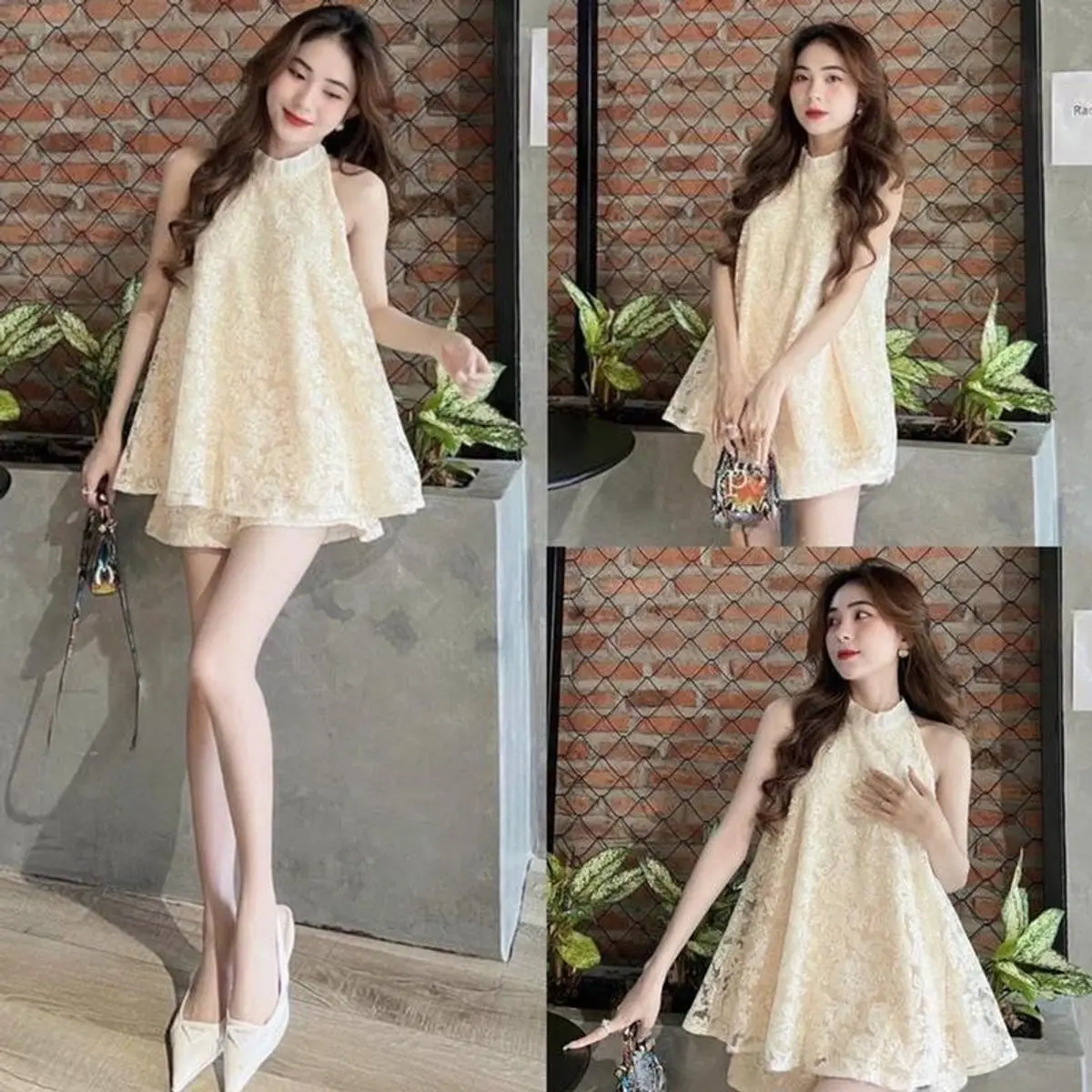Set Bộ Áo Cổ Yếm Lưới Bông 2 Lớp Dày Dặn Trắng Kem Dạo Phố Đi Chơi