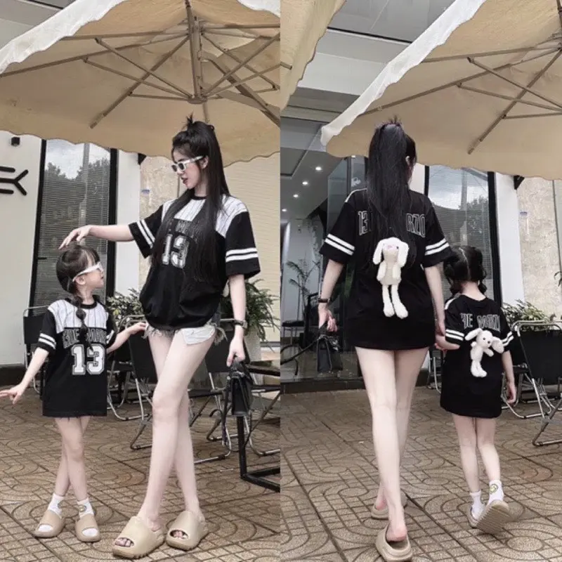 Áo Thun gấu 13de phối kẻ  Cho Bé 100% Cotton Hình In Kĩ Thuật Số Chất Lượng Cao Gia Đình