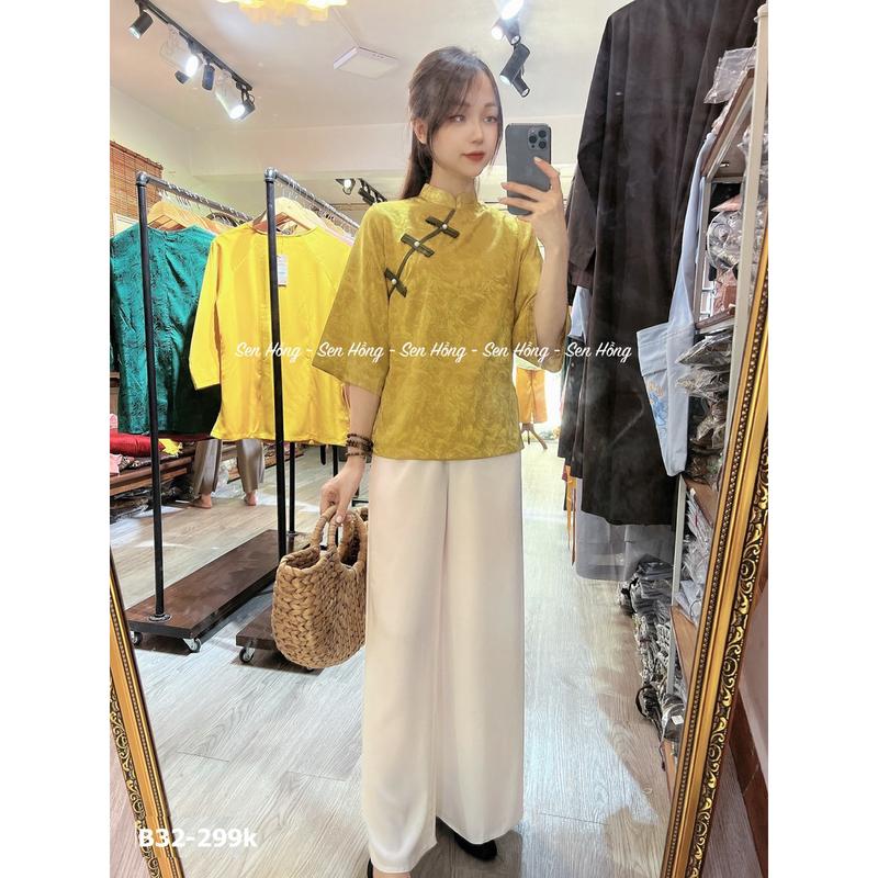 ĐỒ LAM ĐI CHÙA LỤA GẤM XINH # quần áo đi lễ đi chơi # pháp phục nữ vải lụa mềm nhẹ cổ tàu cúc chéo truyền thống B32 4