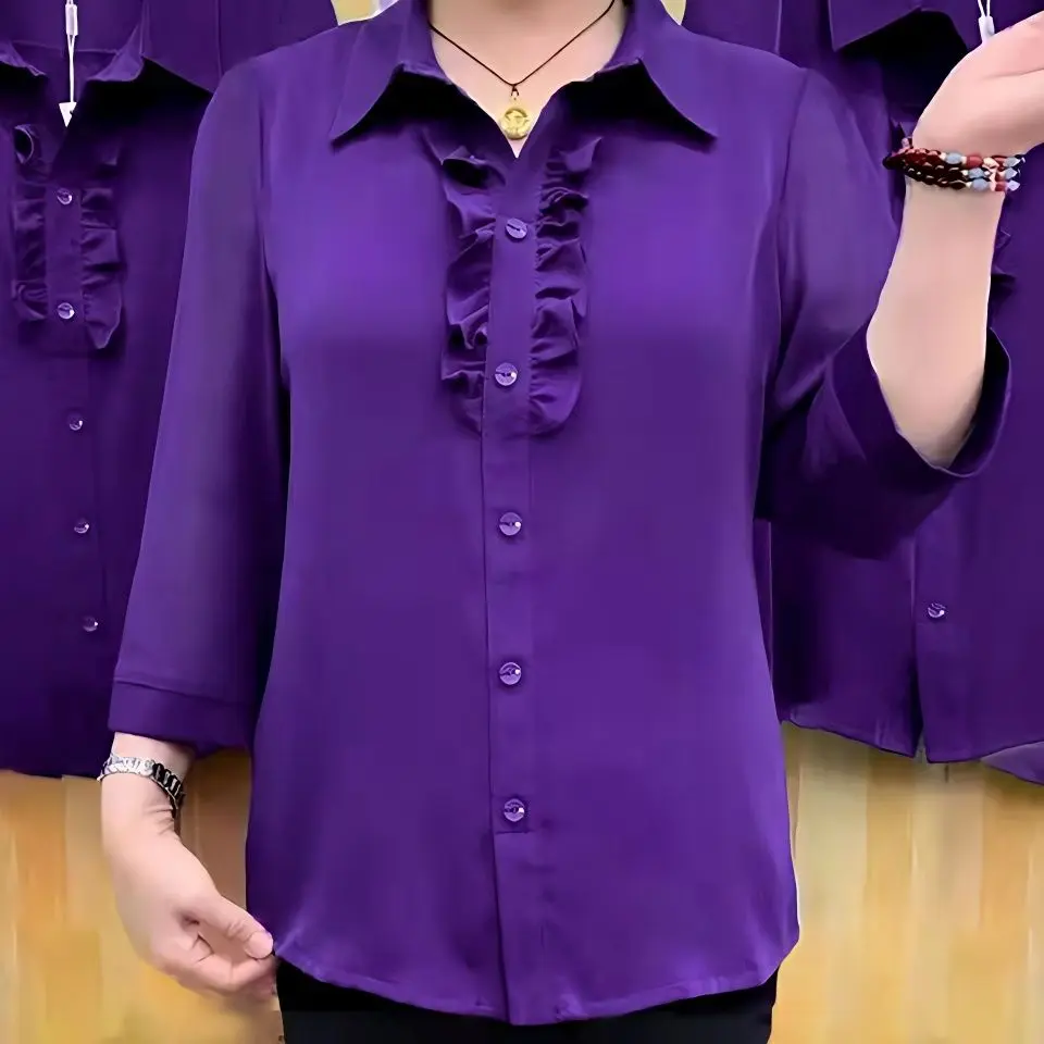 Áo Sơ Mi Nữ, Màu Tím, Cỡ Lớn, Thích Hợp Cho Mẹ TRUNG NIÊN, Mùa Xuân Và Mùa Hè, Hàng Mới Về, Thích Hợp Cho Người Béo, Áo Khoác Giấu Bụng, Dễ Phối Đồ, Tay Áo 3 / 4