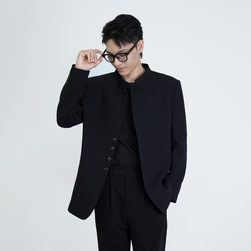 ÁO KHOÁC CỔ TÀU  Nam ; FORM THƯỜNG VÀ CROP ; Jacket Đen Đậm không ánh.