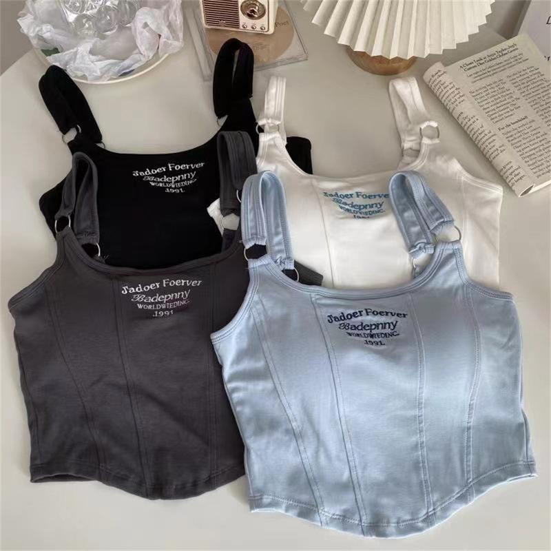 Product Introduction of Letters Embroidery Camisole For Women Comfortable Cotton Sports Vest With Chest Pad Cool Girls Short Tops For Summer 0