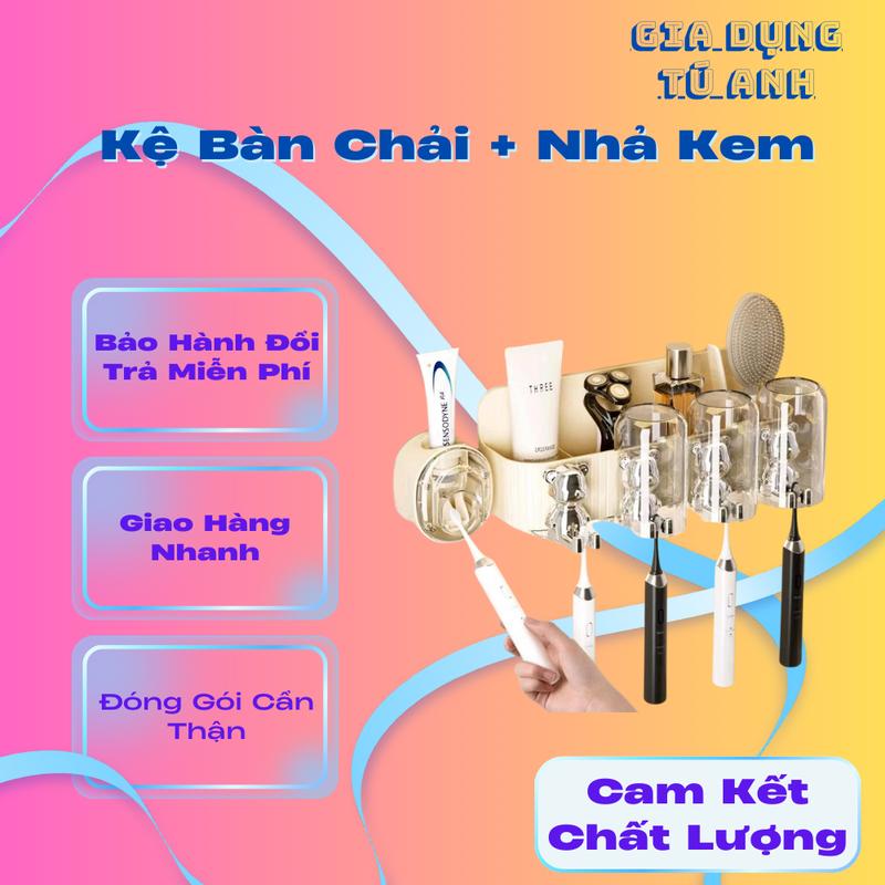 [Cốc Gấu Bạc] Kệ Để Bàn Chải Nhả Kem Đánh Răng Tự Động Thông Minh Hình Gấu, Giá Treo 4 Cốc Để Đồ Dán Tường Dùng Cho Nhà Tắm ABS Waterproof Đựng Bàn Chải