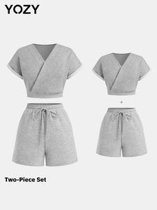 YOZY Women's Solid V Neck Crop Tee & Drawstring Waist Shorts Two-piece Set, Casual Short Sleeve T-shirt & Pocket Shorts, Ladies Summer Holiday Clothes