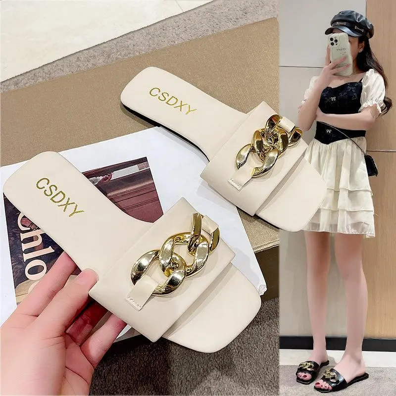 Metal chain casual flat fashion flip-flops