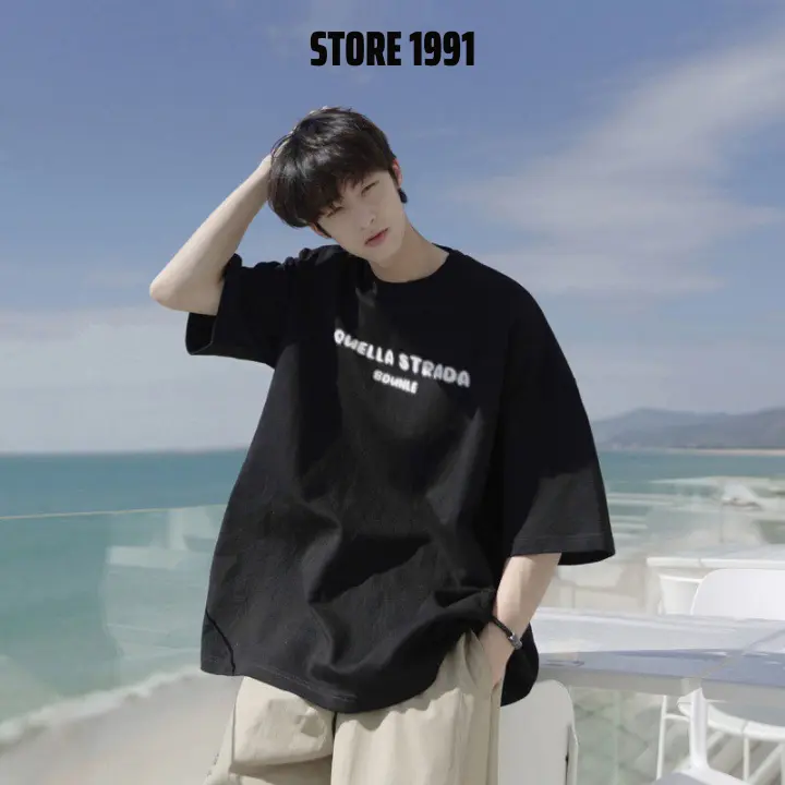 Áo thun tay lỡ nam nữ phom rộng, áo phông cổ tròn Cotton Menswear Đen
