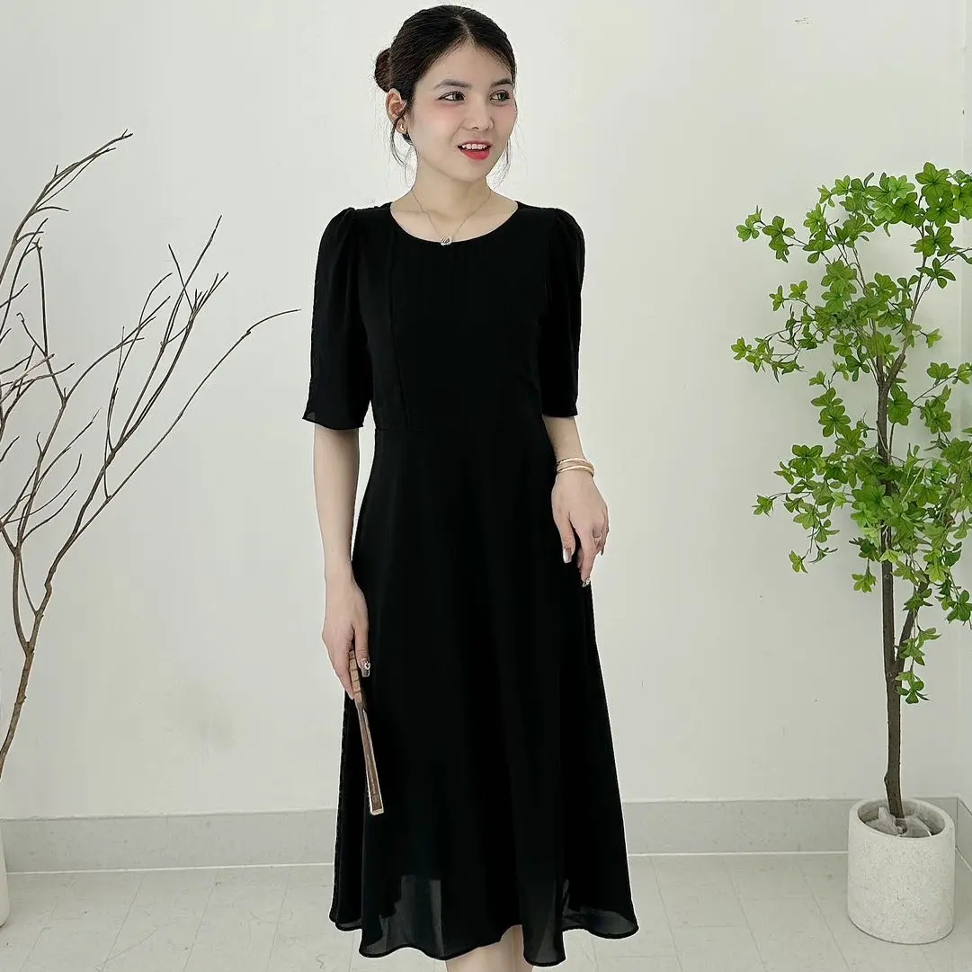 TD198 Đầm xòe A trung niên che khuyết điểm tốt màu trơn sang trọng 45-95kg Nữ Dress Women Xanh Rêu Voi Sen Ren Viền Ren Voan Màu Đen