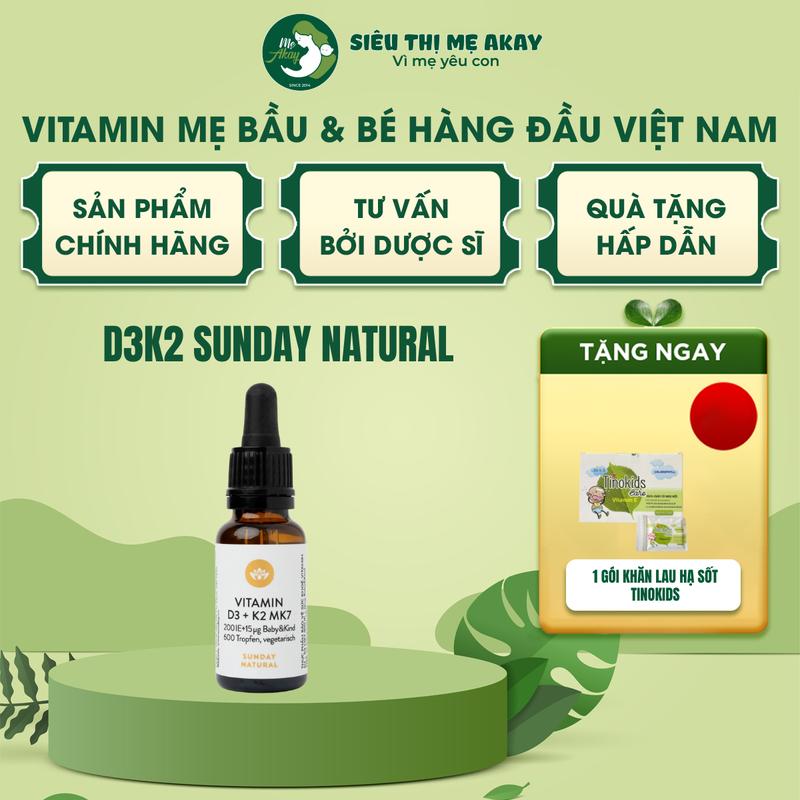 [Tặng 1 gói khăn lau hạ sốt] Vitamin D3 K2 MK7 Sunday Natural của Đức, chai 20ml, bổ sung vitamin D3, K2 cho trẻ em, hàng xách tay không có tem Cho Bé