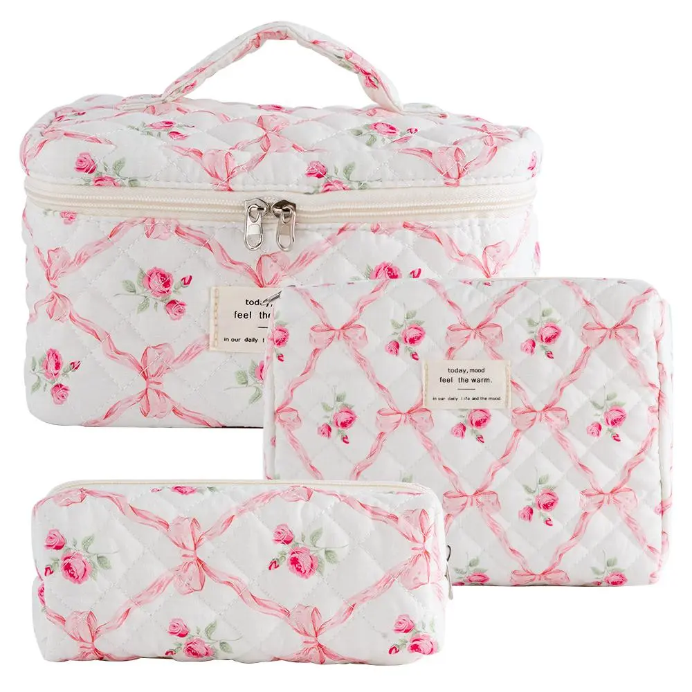 Bow Pattern Quilted Makeup Bag Set, 3 Counts Travel Cosmetic Bags, Portable Zipper Makeup Organizer Pouches for Skincare, Lotion, Cream, Lip Balm, Eyeliners, Makeup Tools, Travel Essentials, Cosmetic Storage Bag, Makeup Products Bag,  Makeup Bundle Box