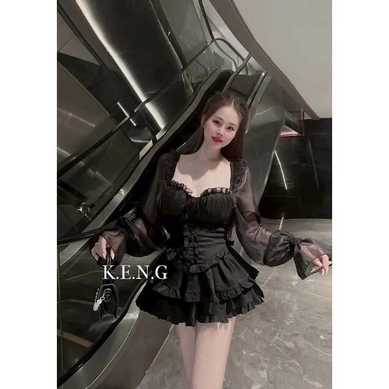 Set áo voan tơ cup nhún ngực tay dài phối bèo mix chân váy ngắn xoè tầng