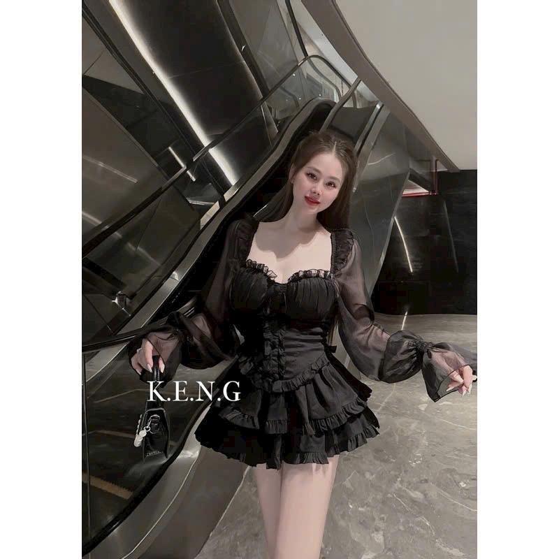 Set áo voan tơ cup nhún ngực tay dài phối bèo mix chân váy ngắn xoè tầng