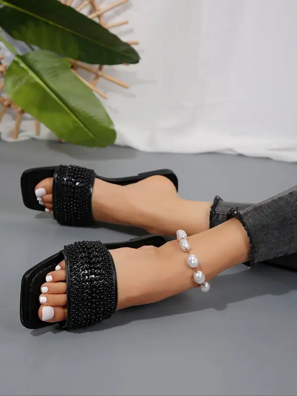 Women's Fashionable Rhinestone Decorated Slide Sandals, Casual Comfortable Flat Sandals for Summer, Lightweight Breathable Shoes for Daily Wear, Girl 1