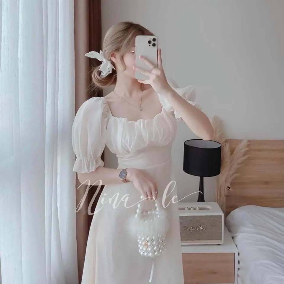 Váy Đầm nữ công chúa cổ vuông tay bồng, dúm ngực chất Tơ Nến cao cấp, kiểu dáng xinh xắn, nhẹ nhàng Dress Voan váy  trễ vai