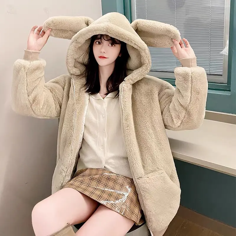 [Xả Hàng] Áo khoác Nữ  lông tai thỏ dài hàng QC Shop Ngắm Top Jacket Women Trắng Women Trắng 0