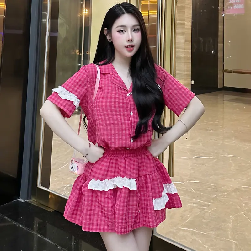 Set váy babydoll đũi caro phối ren trắng kèm chân váy bèo tiểu thư  - Set bộ đồ nữ  kẻ caro mix chân váy 1