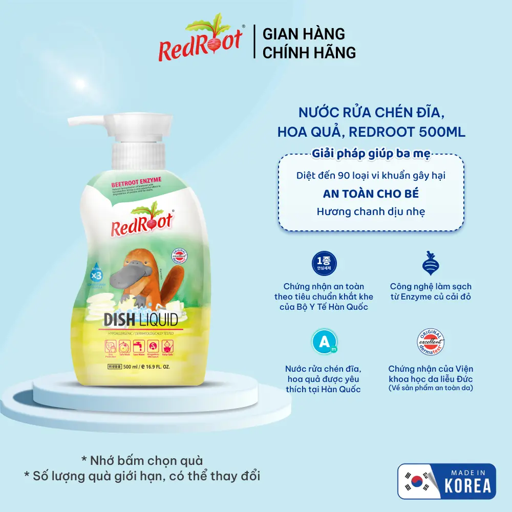 Nước Rửa Chén Đĩa, Hoa Quả Redroot Enzyme Loại Bỏ 99,99% Vi Khuẩn, Chai 500ml Chính Hãng