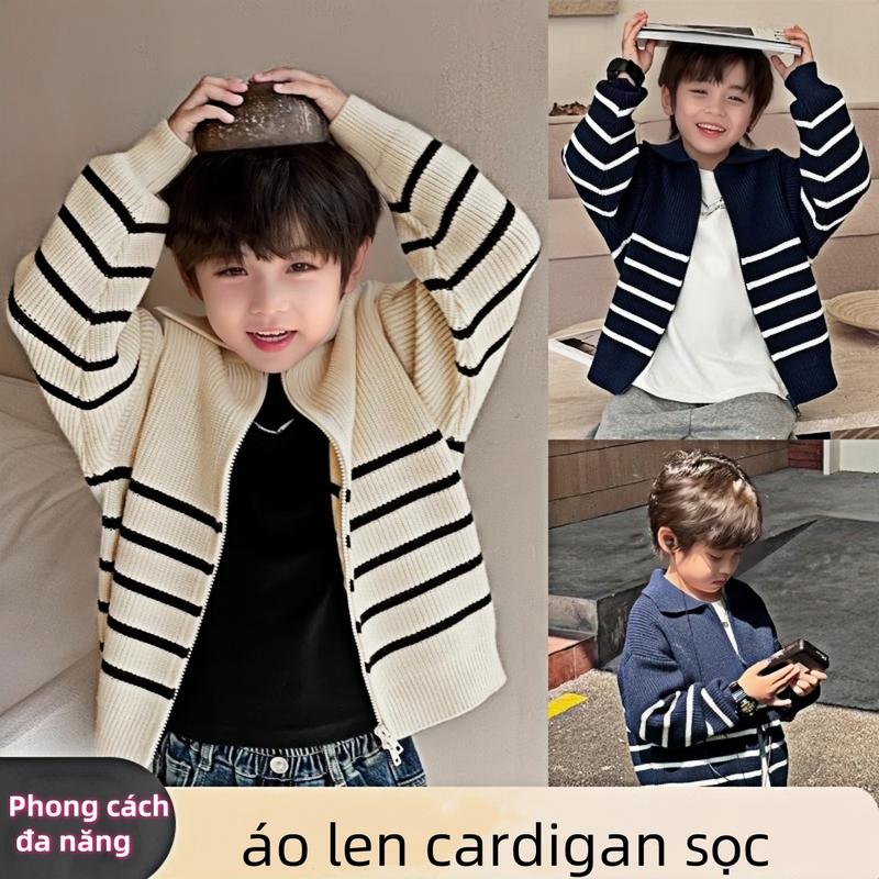 15-40kg Áo Khoác len dài tay, kẻ ngang, khóa kéo, thời trang phong cách Hàn Quốc dành cho bé trai