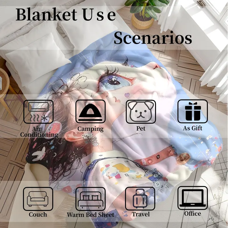 Cartoon Girl & Cat Pattern Blanket, 1/2 Counts Soft Warm Throw Blanket, Warm Nap Blanket for Home Office 6