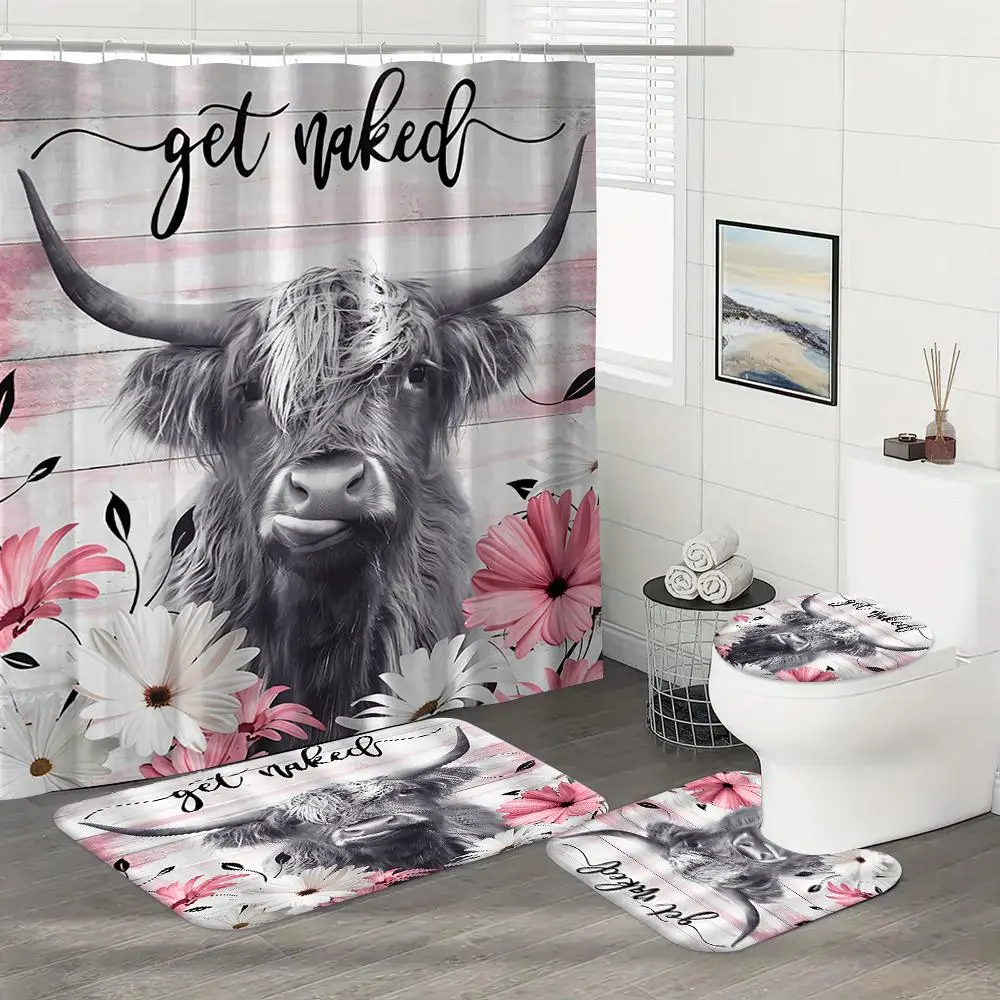 Highland Cow Pattern Bathroom Set, 1 Shower Curtain with 12 Hooks, 1 Toilet Lid Cover, 1 Non-slip Bath Mat, 1 U-shaped Rug, Bathroom Accessories