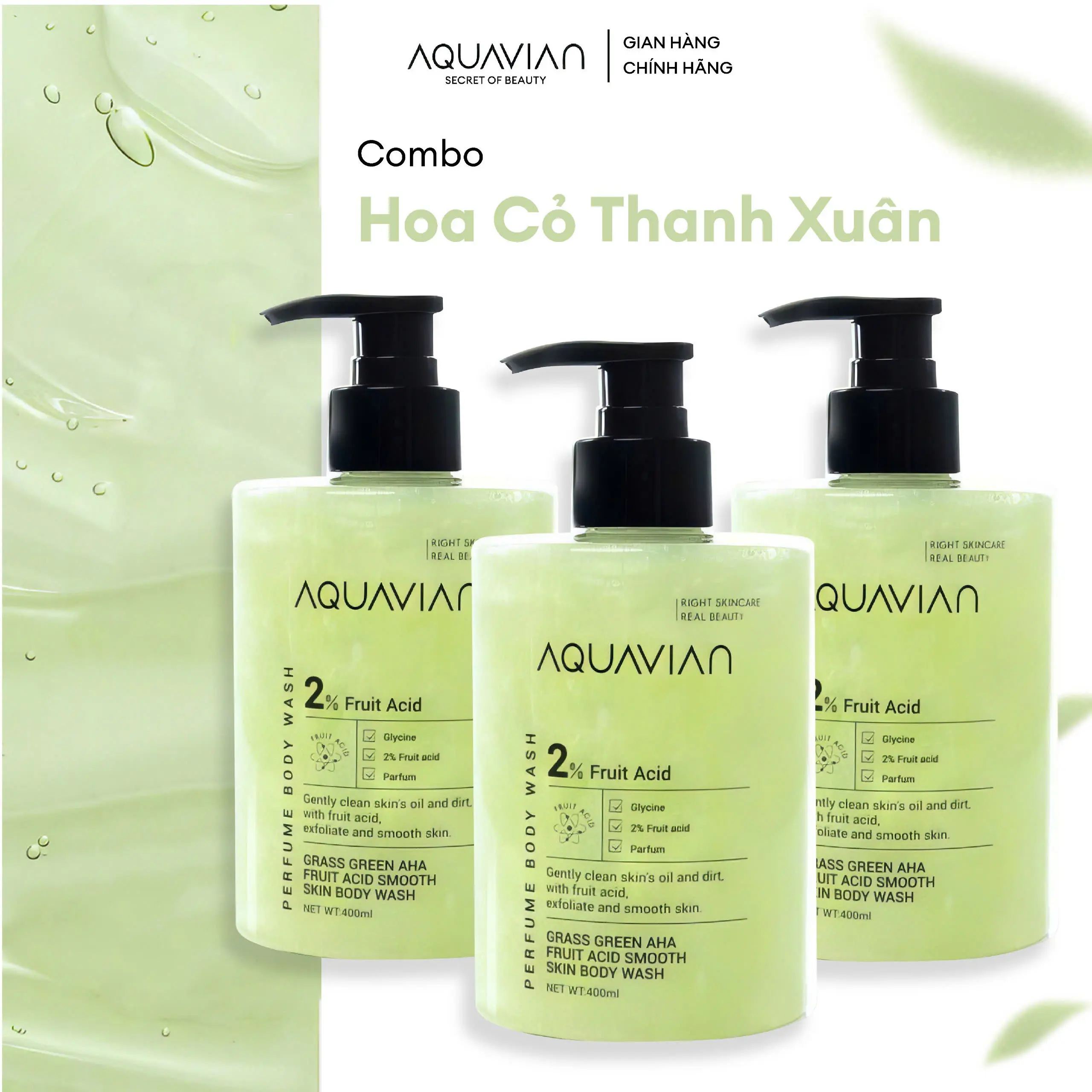 COMBO 3 SỮA TẮM NƯỚC HOA Grass Green 400ml Hương Thơm Ngọt Ngào, Nhẹ Nhàng Hoa Cỏ