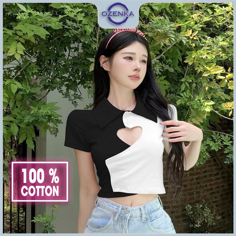 Áo croptop polo kiểu khoét trái tim cài khuy cộc tay nữ Ozenka , áo crt thun cotton cái màu đen trắng dưới 55 cân Shirt Sơ Mi