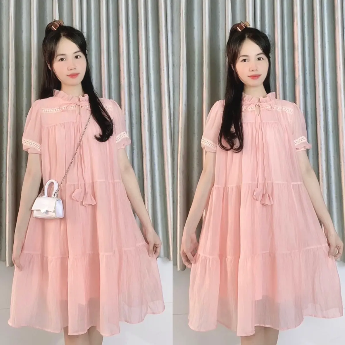 Váy babydoll tay bồng dáng xoè phối ren nơ cổ vintage - Nana Dress